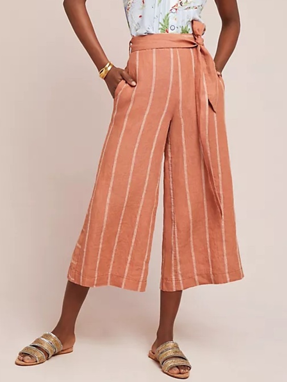 Anthropologie Portia 100% Linen Striped Wide Leg Crop Pants Terracotta small